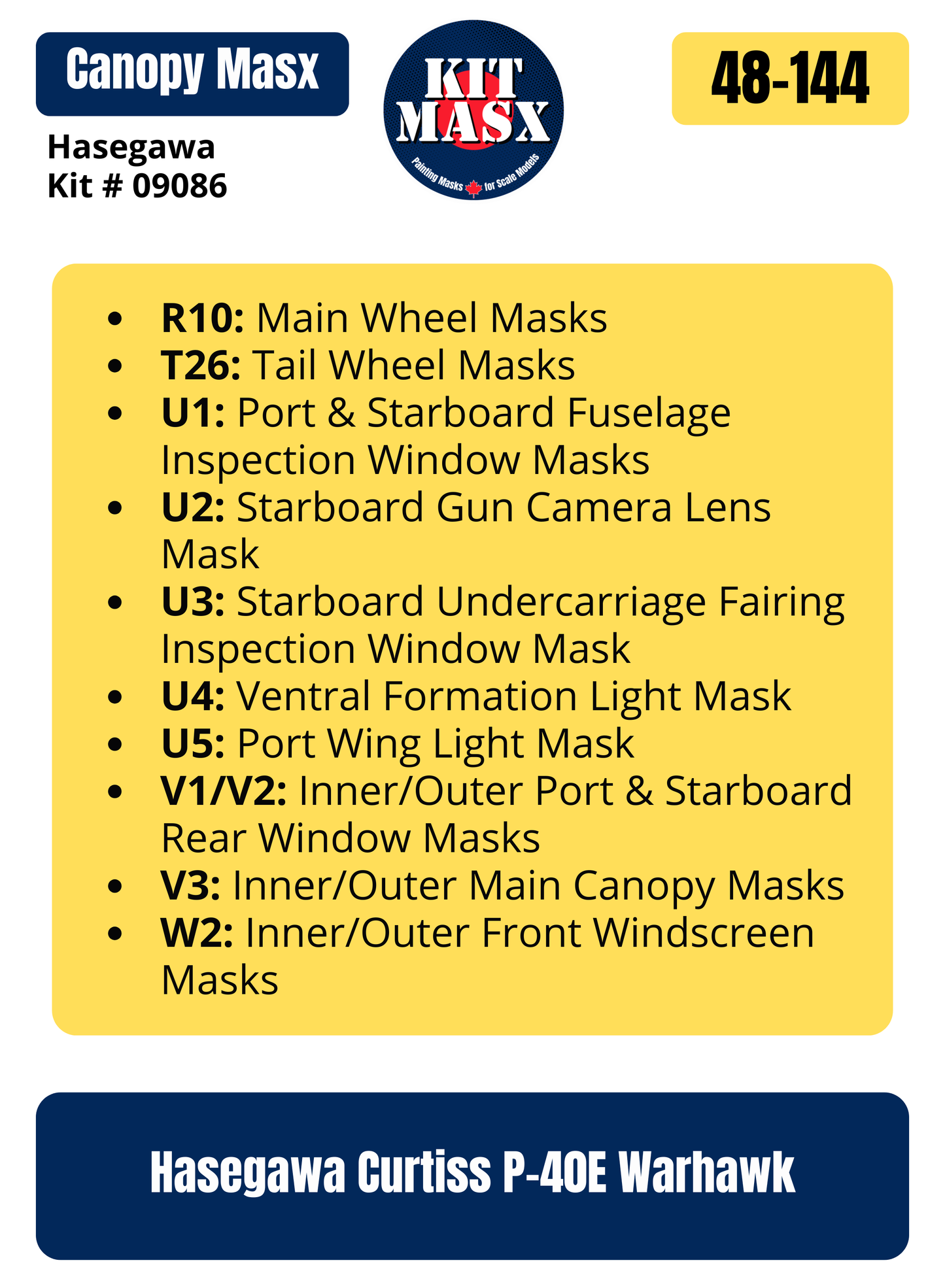 Hasegawa Curtiss P-40E Warhawk 1/48 Canopy & Wheel Paint Masks, Kit # 09086