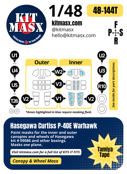 Hasegawa Curtiss P-40E Warhawk 1/48 Canopy & Wheel Paint Masks, Kit # 09086