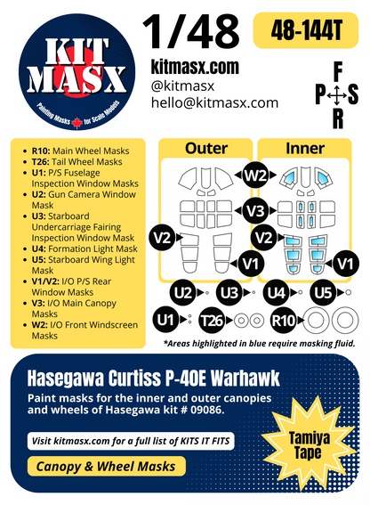 Hasegawa Curtiss P-40E Warhawk 1/48 Canopy & Wheel Paint Masks, Kit # 09086