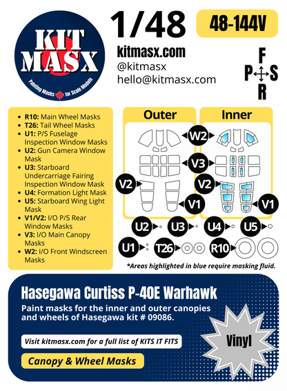 Hasegawa Curtiss P-40E Warhawk 1/48 Canopy & Wheel Paint Masks, Kit # 09086