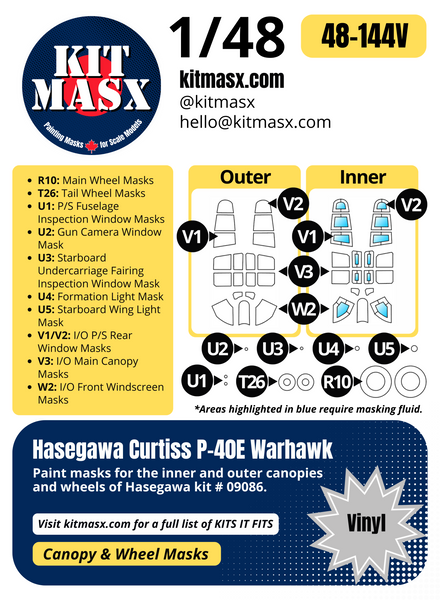 Hasegawa Curtiss P-40E Warhawk 1/48 Canopy & Wheel Paint Masks, Kit # 09086