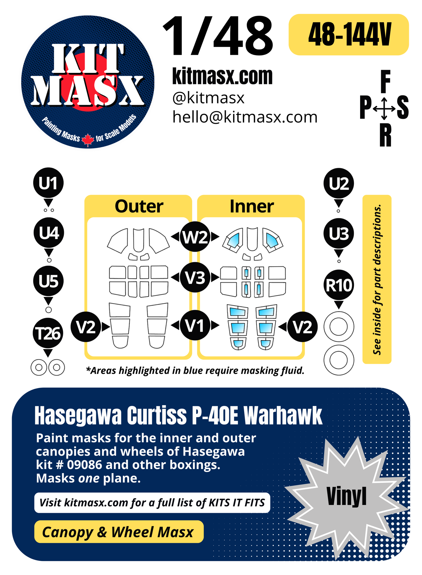 Hasegawa Curtiss P-40E Warhawk 1/48 Canopy & Wheel Paint Masks, Kit # 09086