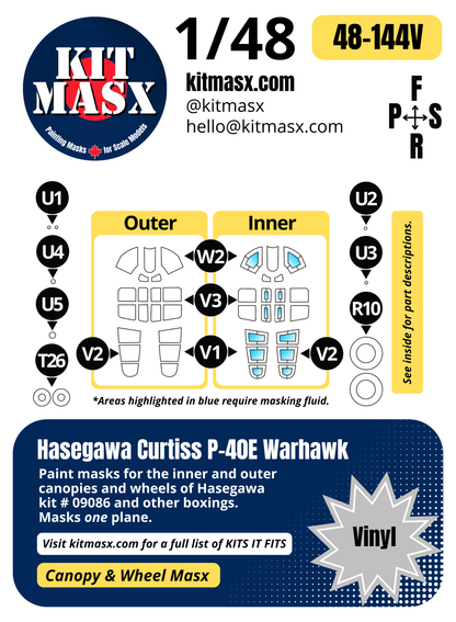 Hasegawa Curtiss P-40E Warhawk 1/48 Canopy & Wheel Paint Masks, Kit # 09086