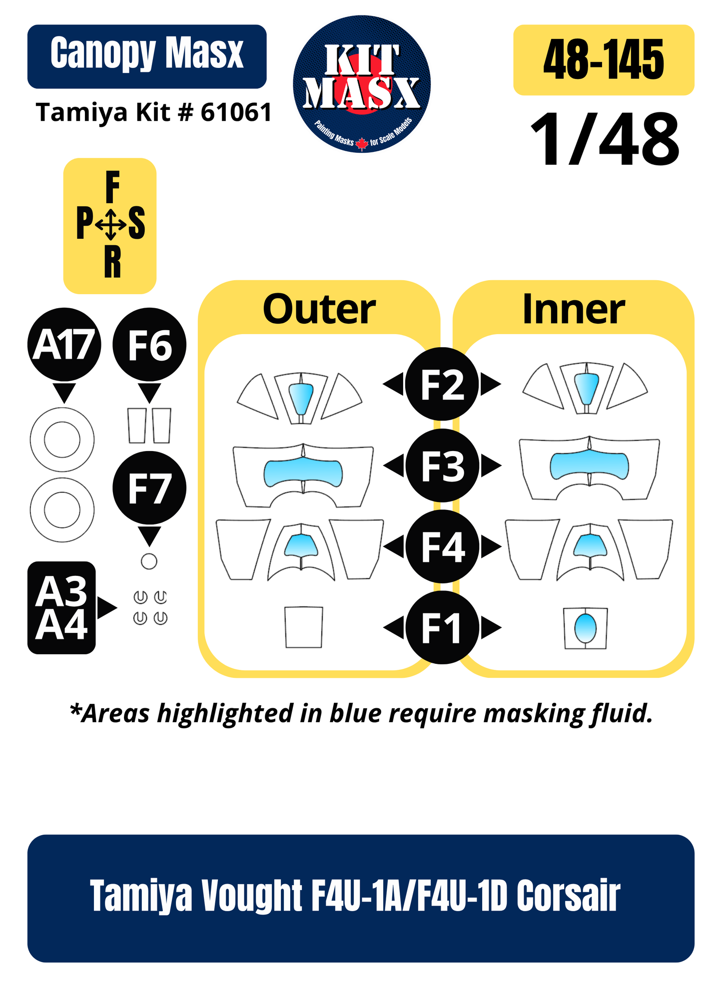 Tamiya Vought F4U-1A/F4U-1D Corsair 1/48 Canopy & Wheel Paint Masks, Kit # 61061 (48145)