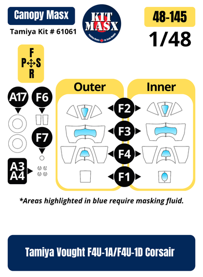 Tamiya Vought F4U-1A/F4U-1D Corsair 1/48 Canopy & Wheel Paint Masks, Kit # 61061 (48145)
