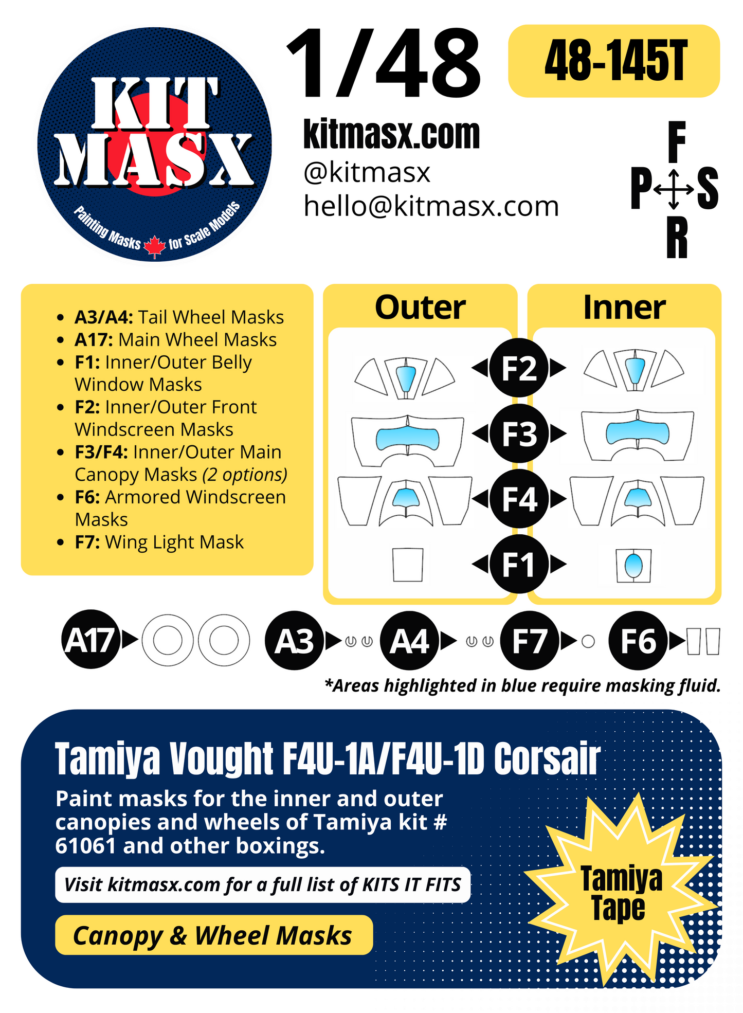 Tamiya Vought F4U-1A/F4U-1D Corsair 1/48 Canopy & Wheel Paint Masks, Kit # 61061