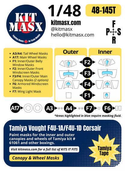 Tamiya Vought F4U-1A/F4U-1D Corsair 1/48 Canopy & Wheel Paint Masks, Kit # 61061