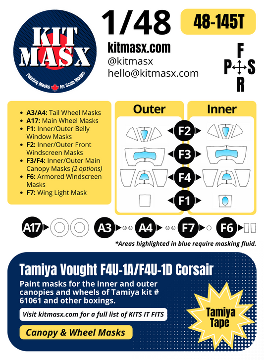 Tamiya Vought F4U-1A/F4U-1D Corsair 1/48 Canopy & Wheel Paint Masks, Kit # 61061