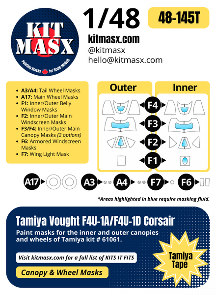 Tamiya Vought F4U-1A/F4U-1D Corsair 1/48 Canopy & Wheel Paint Masks, Kit # 61061