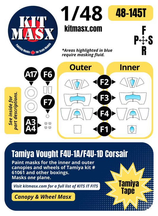 Tamiya Vought F4U-1A/F4U-1D Corsair 1/48 Canopy & Wheel Paint Masks, Kit # 61061 (48145)
