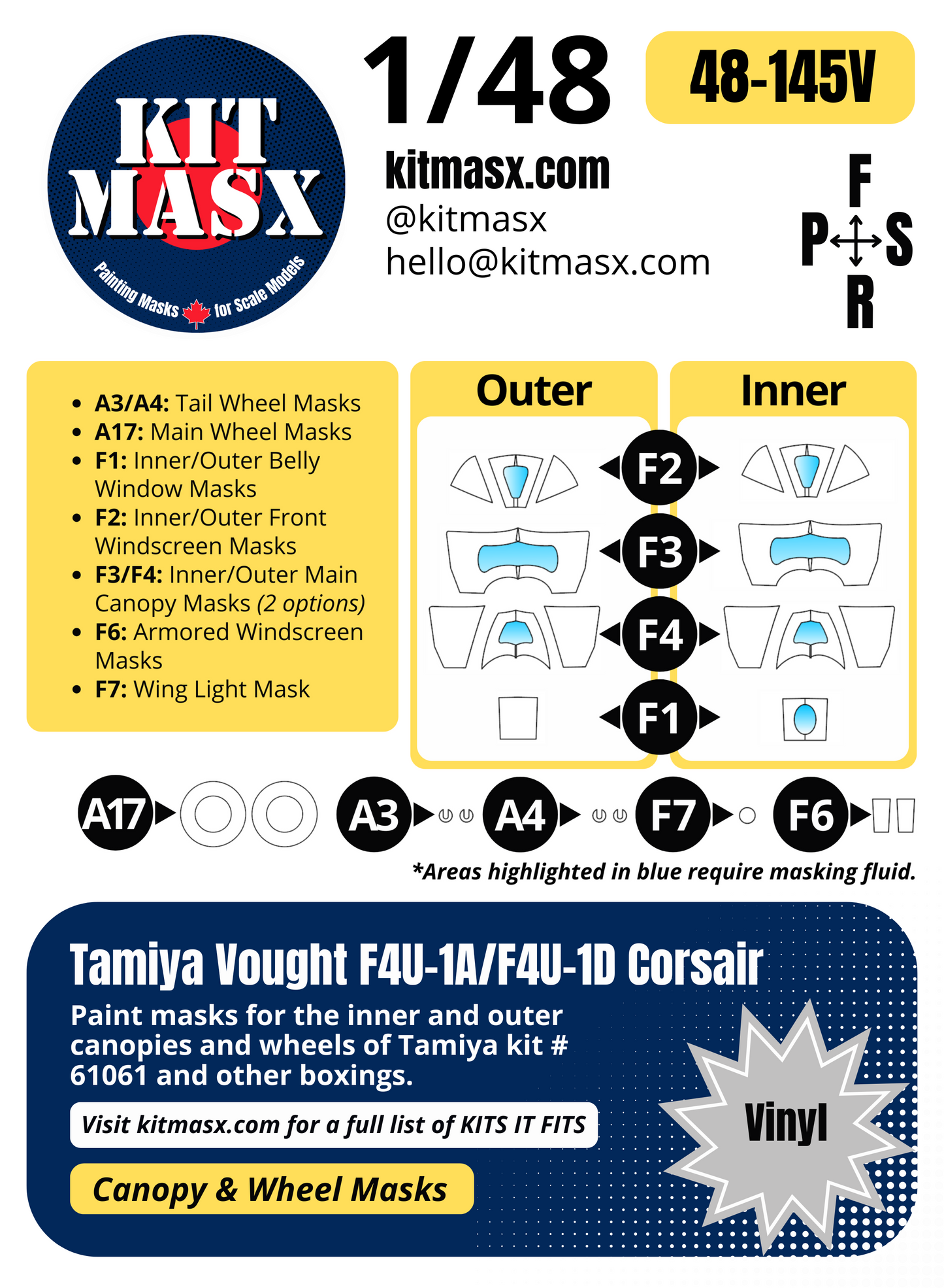 Tamiya Vought F4U-1A/F4U-1D Corsair 1/48 Canopy & Wheel Paint Masks, Kit # 61061