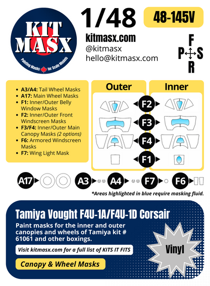 Tamiya Vought F4U-1A/F4U-1D Corsair 1/48 Canopy & Wheel Paint Masks, Kit # 61061