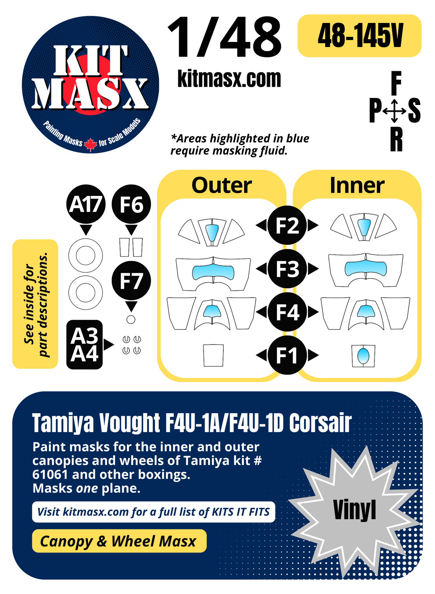Tamiya Vought F4U-1A/F4U-1D Corsair 1/48 Canopy & Wheel Paint Masks, Kit # 61061 (48145)