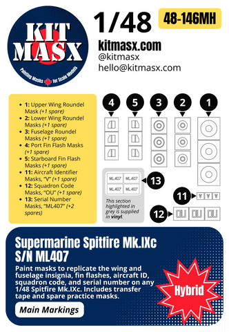 Supermarine Spitfire Mk.IXc S/N ML407 1/48 Main Marking Paint Masks