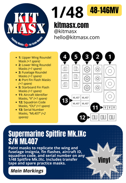 Supermarine Spitfire Mk.IXc S/N ML407 1/48 Main Marking Paint Masks
