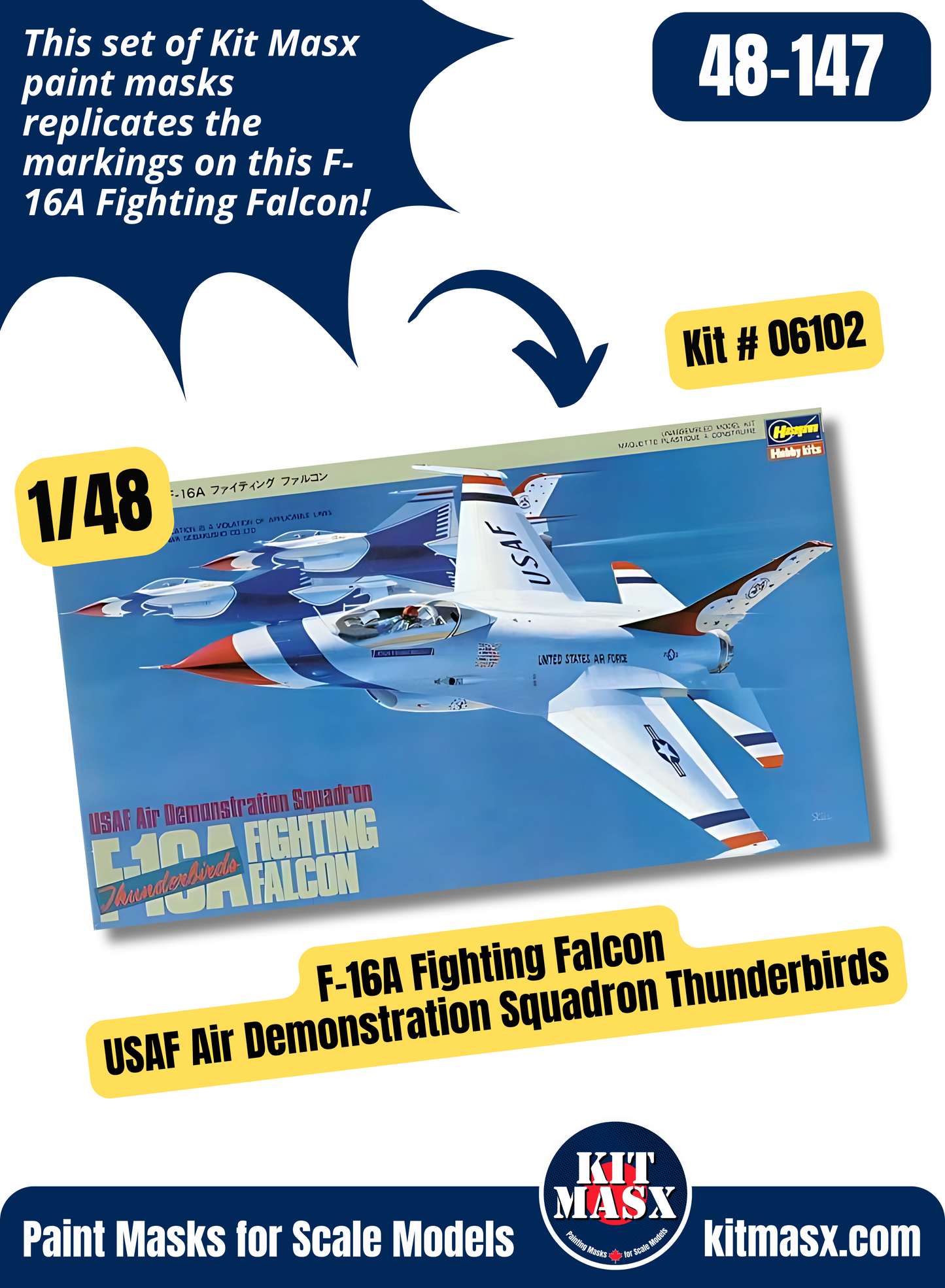 Hasegawa F-16A Fighting Falcon USAF Air Demonstration Squadron Thunderbirds 1/48 Main Marking Paint Masks, Kit # 06102