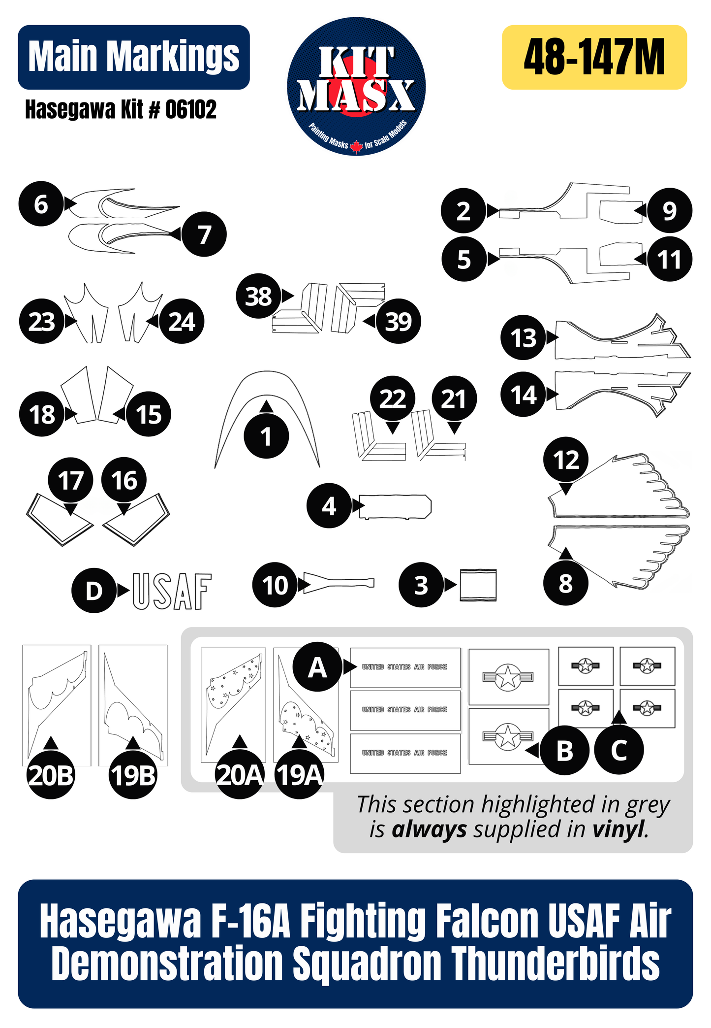 Hasegawa F-16A Fighting Falcon USAF Air Demonstration Squadron Thunderbirds 1/48 Main Marking Paint Masks, Kit # 06102