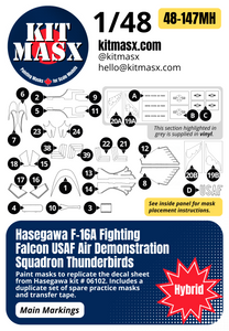 Hasegawa F-16A Fighting Falcon USAF Air Demonstration Squadron Thunderbirds 1/48 Main Marking Paint Masks, Kit # 06102