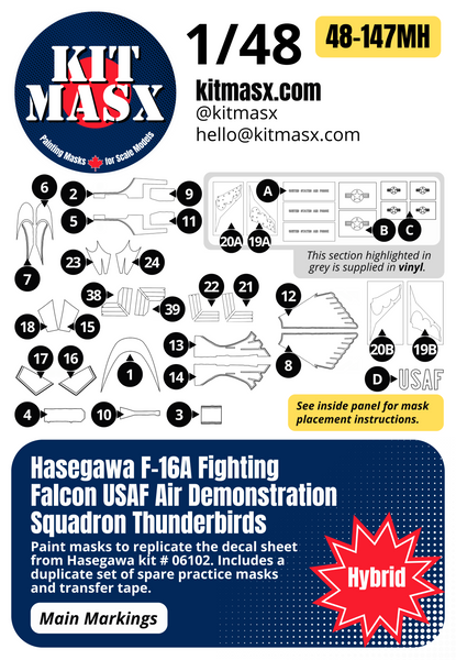 Hasegawa F-16A Fighting Falcon USAF Air Demonstration Squadron Thunderbirds 1/48 Main Marking Paint Masks, Kit # 06102