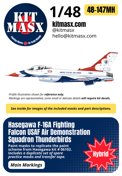 Hasegawa F-16A Fighting Falcon USAF Air Demonstration Squadron Thunderbirds 1/48 Main Marking Paint Masks, Kit # 06102