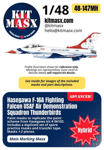 Hasegawa F-16A Fighting Falcon USAF Air Demonstration Squadron Thunderbirds 1/48 Main Marking Paint Masks, Kit # 06102 (48147M)