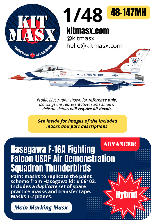 Hasegawa F-16A Fighting Falcon USAF Air Demonstration Squadron Thunderbirds 1/48 Main Marking Paint Masks, Kit # 06102 (48147M)