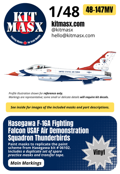 Hasegawa F-16A Fighting Falcon USAF Air Demonstration Squadron Thunderbirds 1/48 Main Marking Paint Masks, Kit # 06102