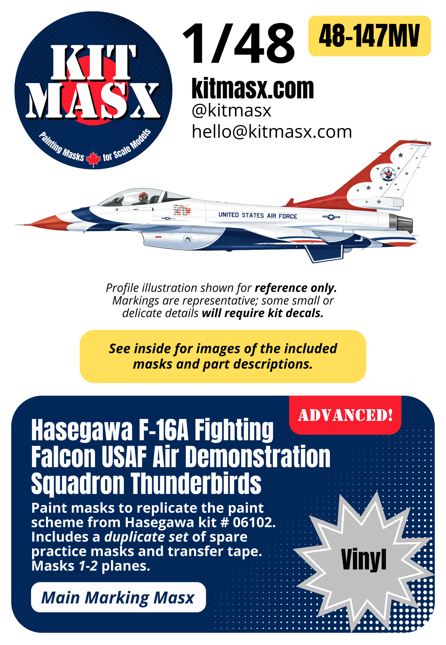 Hasegawa F-16A Fighting Falcon USAF Air Demonstration Squadron Thunderbirds 1/48 Main Marking Paint Masks, Kit # 06102 (48147M)