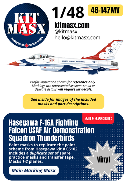 Hasegawa F-16A Fighting Falcon USAF Air Demonstration Squadron Thunderbirds 1/48 Main Marking Paint Masks, Kit # 06102 (48147M)