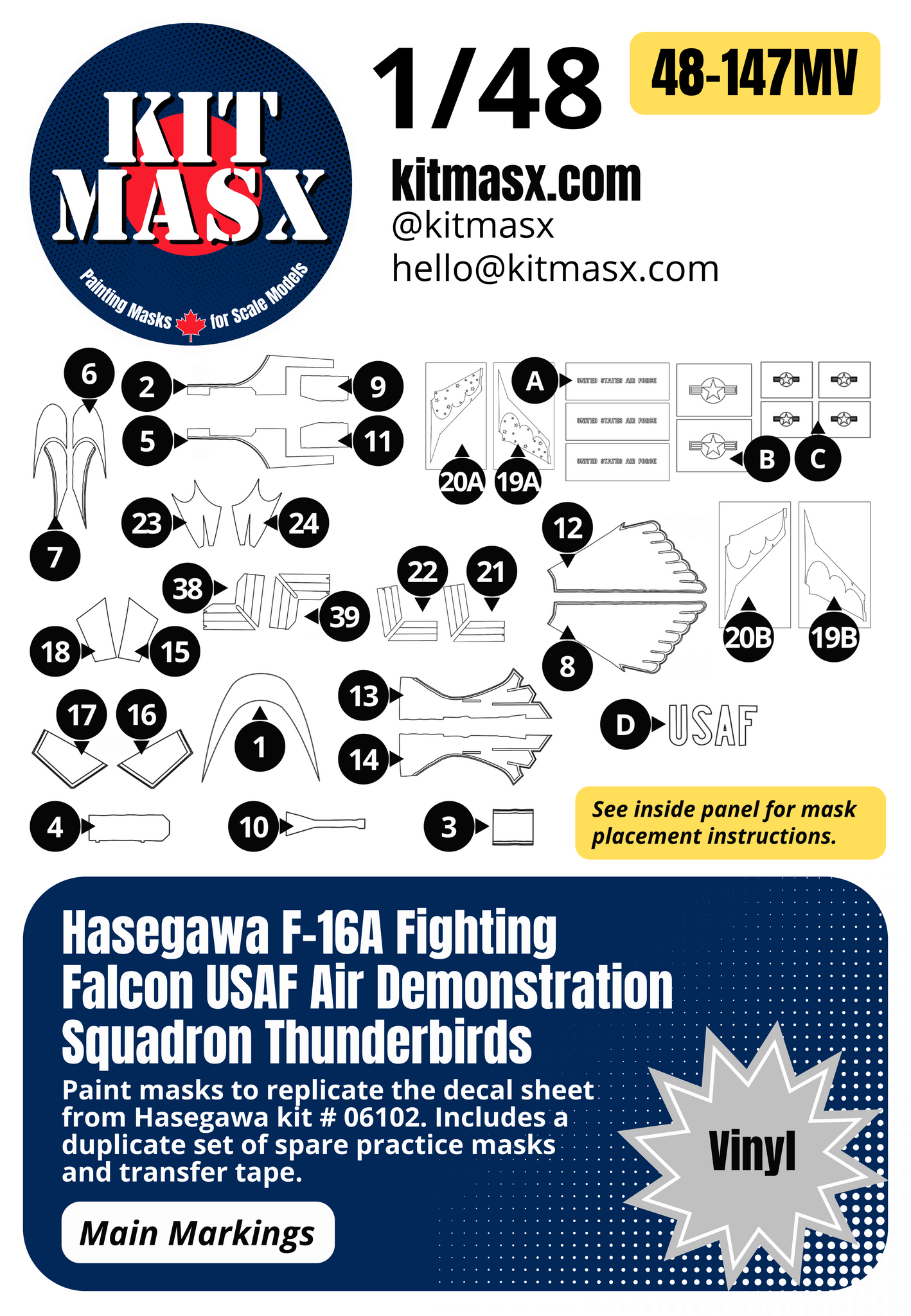 Hasegawa F-16A Fighting Falcon USAF Air Demonstration Squadron Thunderbirds 1/48 Main Marking Paint Masks, Kit # 06102