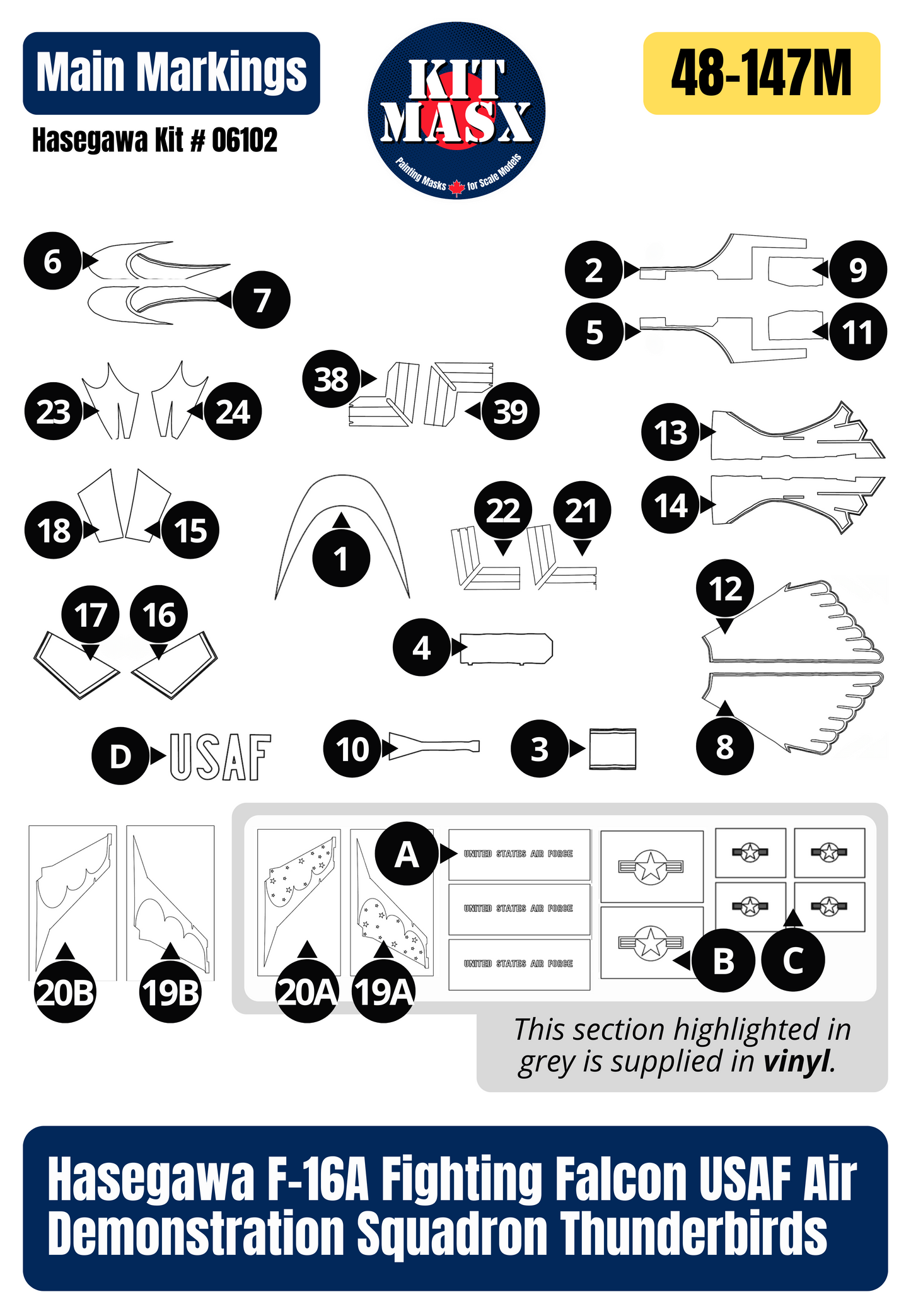 Hasegawa F-16A Fighting Falcon USAF Air Demonstration Squadron Thunderbirds 1/48 Main Marking Paint Masks, Kit # 06102