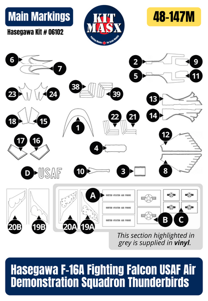 Hasegawa F-16A Fighting Falcon USAF Air Demonstration Squadron Thunderbirds 1/48 Main Marking Paint Masks, Kit # 06102