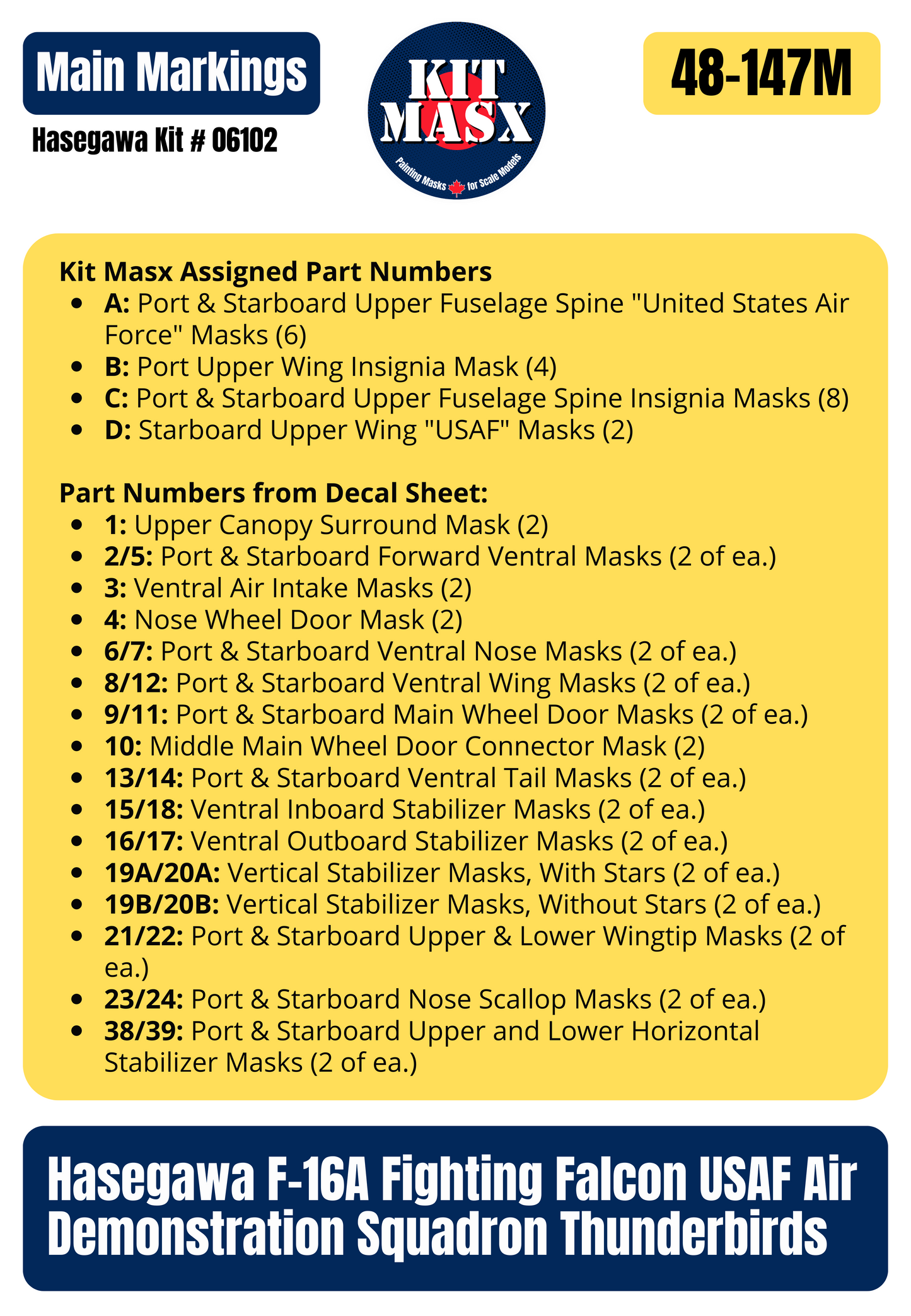 Hasegawa F-16A Fighting Falcon USAF Air Demonstration Squadron Thunderbirds 1/48 Main Marking Paint Masks, Kit # 06102