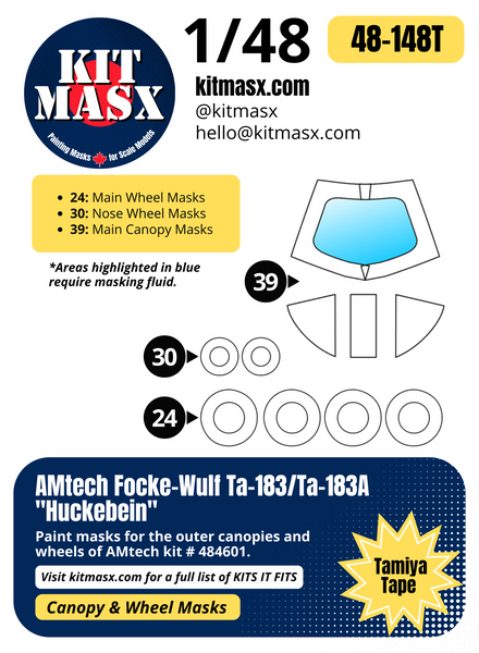 AMtech Focke-Wulf Ta-183/Ta-183A "Huckebein" 1/48 Canopy & Wheel Paint Masks, Kit # 484601