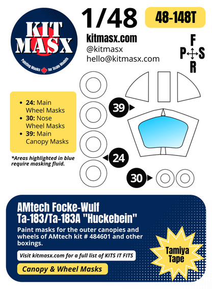AMtech Focke-Wulf Ta-183/Ta-183A "Huckebein" 1/48 Canopy & Wheel Paint Masks, Kit # 484601