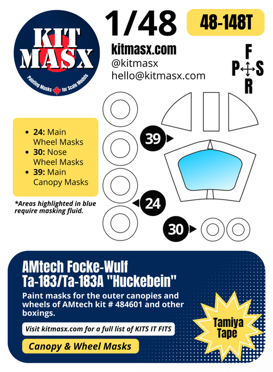 AMtech Focke-Wulf Ta-183/Ta-183A "Huckebein" 1/48 Canopy & Wheel Paint Masks, Kit # 484601