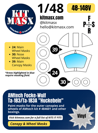 AMtech Focke-Wulf Ta-183/Ta-183A "Huckebein" 1/48 Canopy & Wheel Paint Masks, Kit # 484601