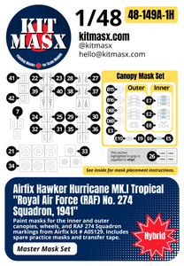 Airfix Hawker Hurricane Mk.I Tropical "Royal Air Force (RAF) No. 274 Squadron, 1941" 1/48 Master Mask Set, Kit # A05129