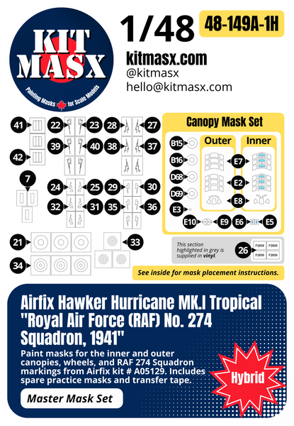 Airfix Hawker Hurricane Mk.I Tropical "Royal Air Force (RAF) No. 274 Squadron, 1941" 1/48 Master Mask Set, Kit # A05129