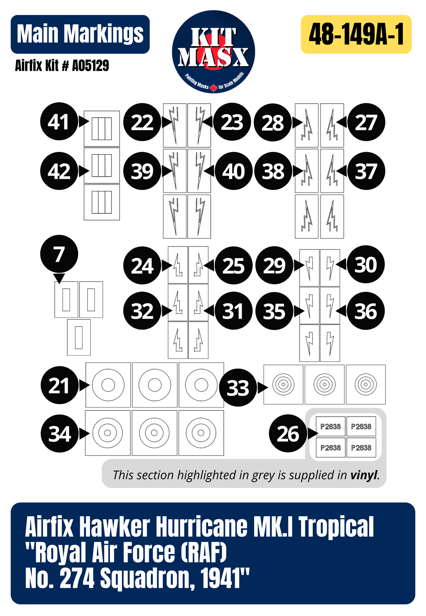 Airfix Hawker Hurricane Mk.I Tropical "Royal Air Force (RAF) No. 274 Squadron, 1941" 1/48 Master Mask Set, Kit # A05129