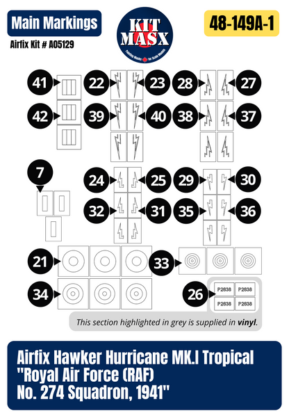 Airfix Hawker Hurricane Mk.I Tropical "Royal Air Force (RAF) No. 274 Squadron, 1941" 1/48 Master Mask Set, Kit # A05129