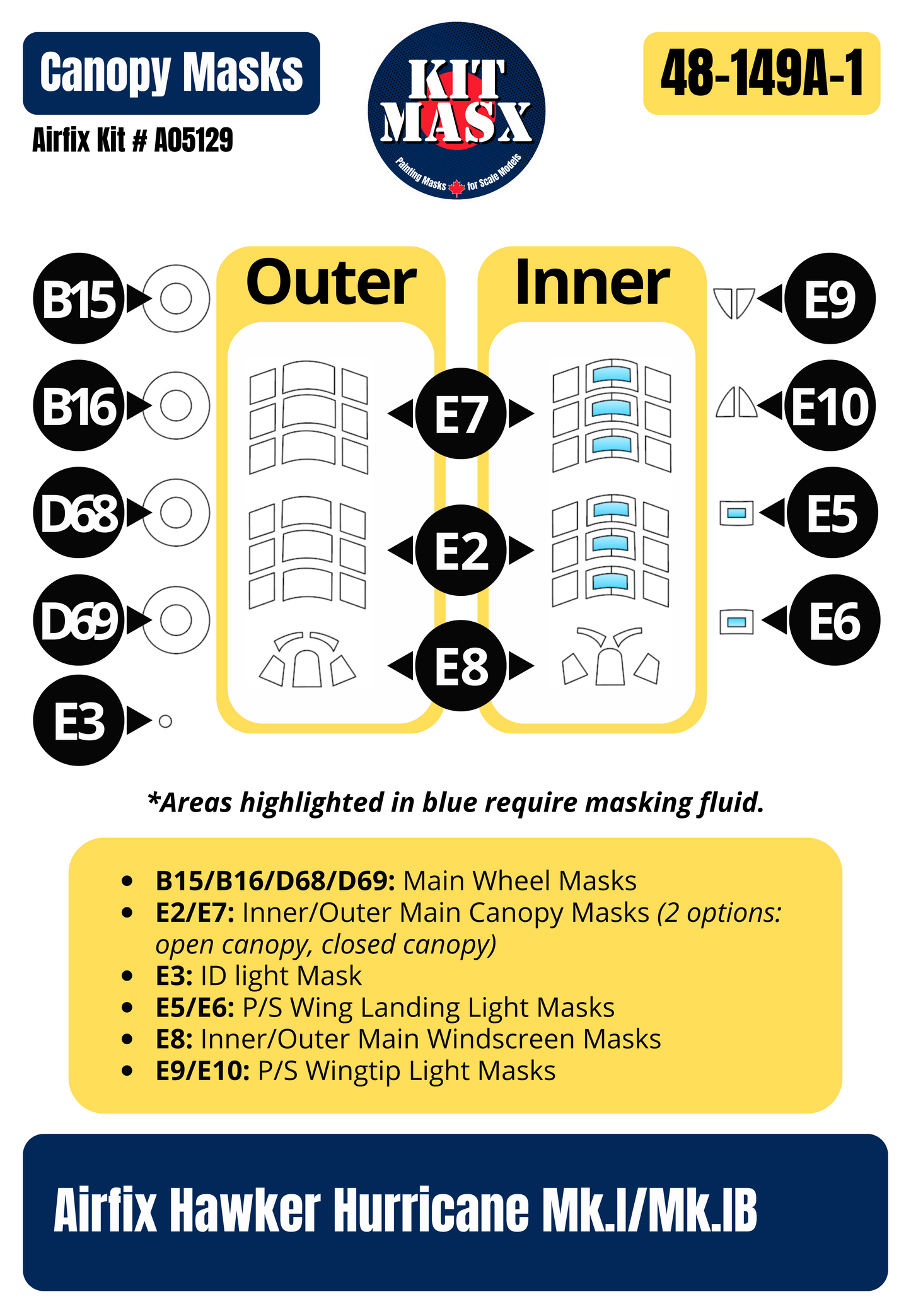 Airfix Hawker Hurricane Mk.I Tropical "Royal Air Force (RAF) No. 274 Squadron, 1941" 1/48 Master Mask Set, Kit # A05129