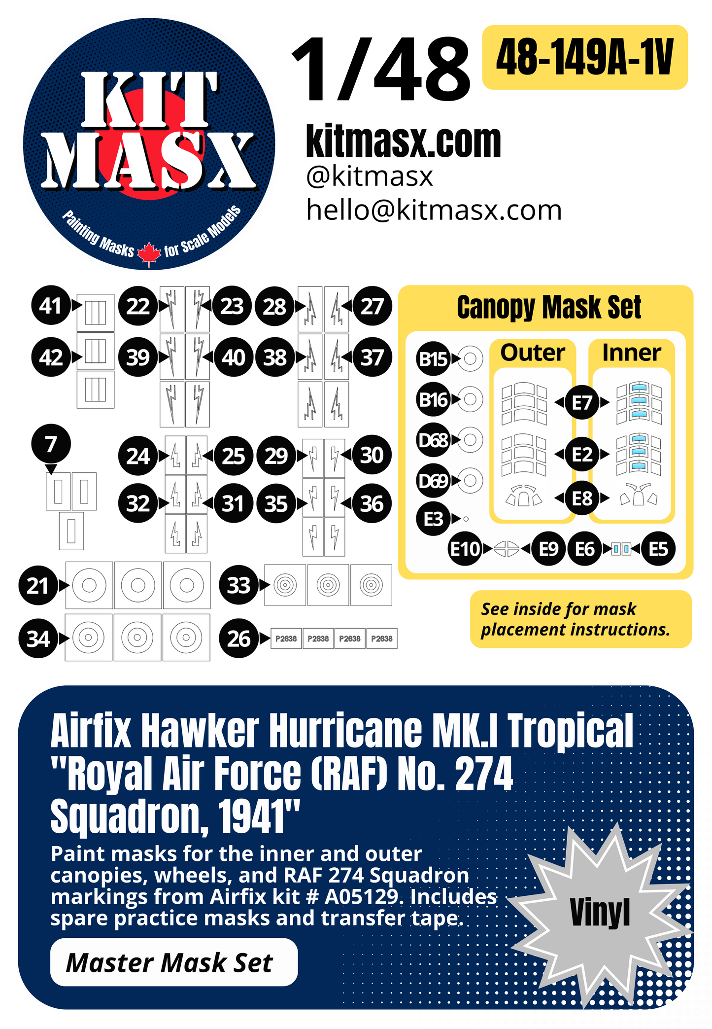 Airfix Hawker Hurricane Mk.I Tropical "Royal Air Force (RAF) No. 274 Squadron, 1941" 1/48 Master Mask Set, Kit # A05129