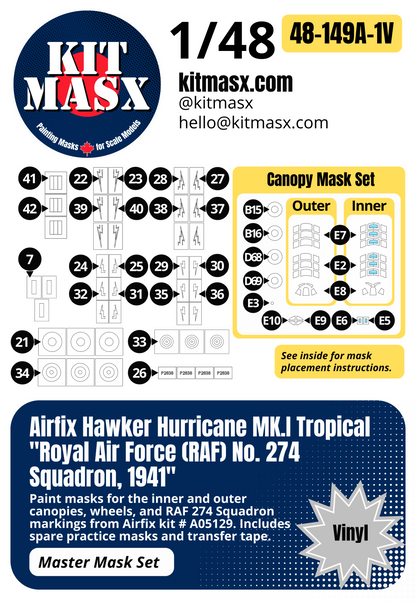 Airfix Hawker Hurricane Mk.I Tropical "Royal Air Force (RAF) No. 274 Squadron, 1941" 1/48 Master Mask Set, Kit # A05129
