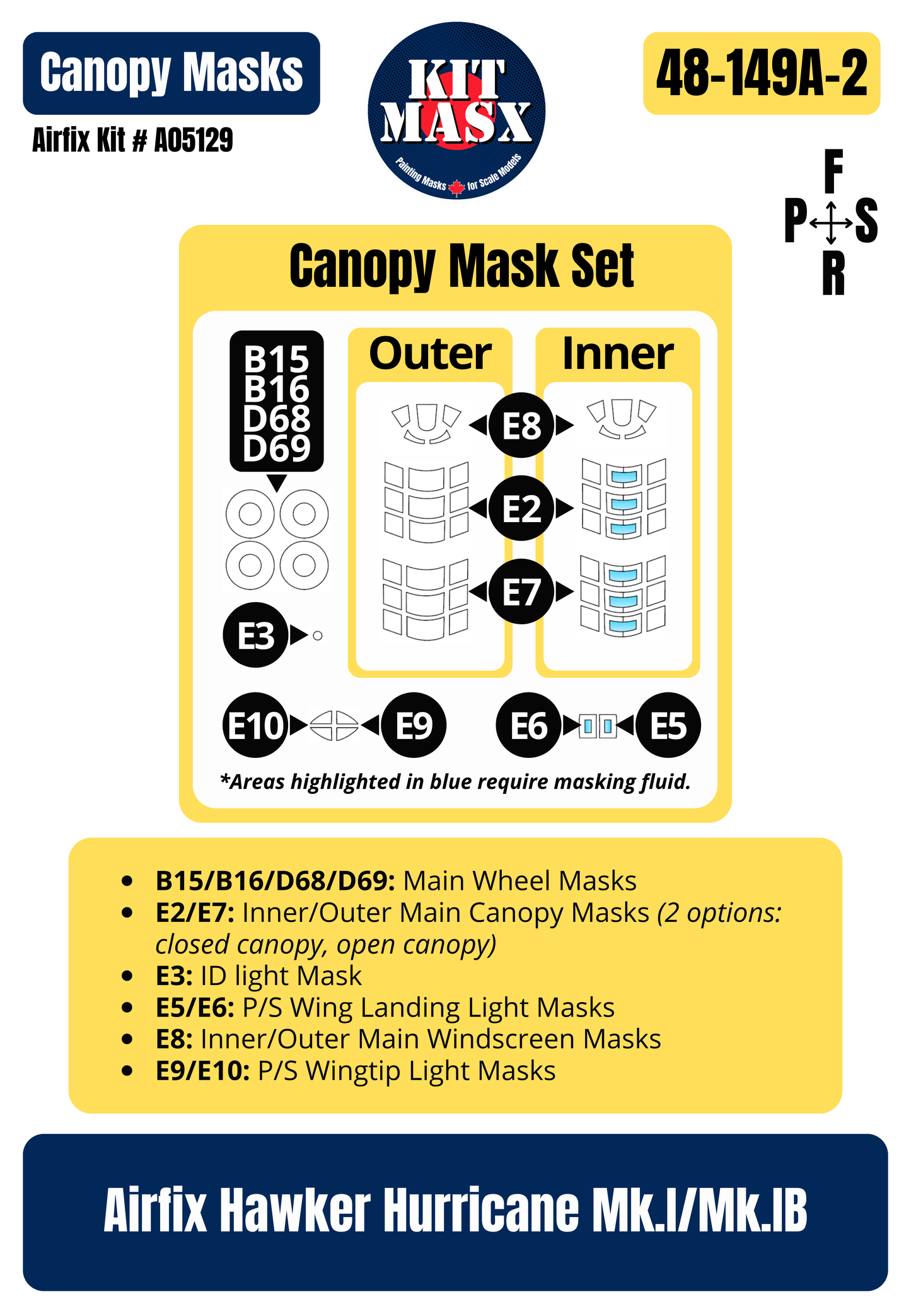 Airfix Hawker Hurricane Mk.I Tropical "Rhodesian Air Training Group (RATG), 1941" 1/48 Master Mask Set, Kit # A05129