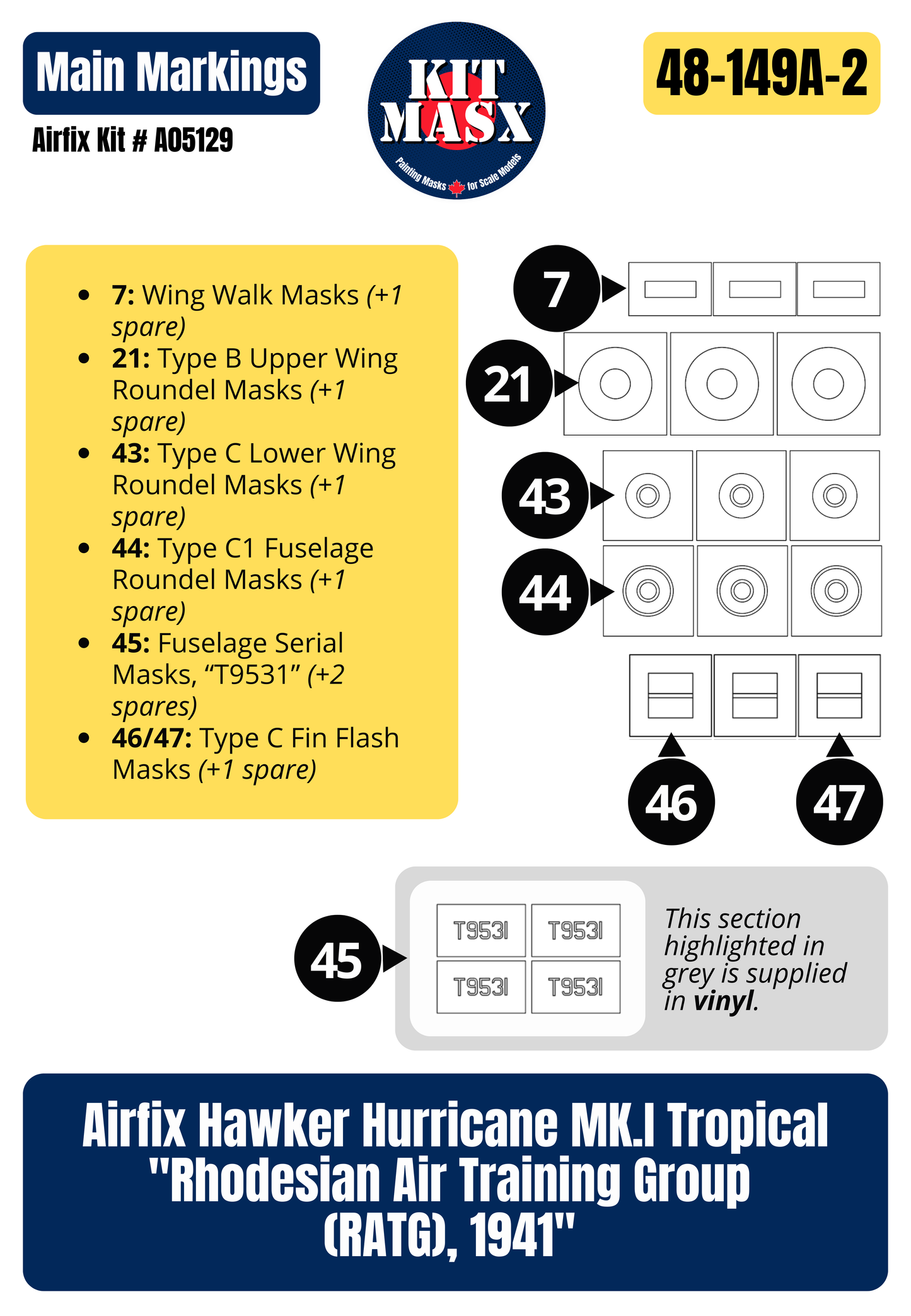 Airfix Hawker Hurricane Mk.I Tropical "Rhodesian Air Training Group (RATG), 1941" 1/48 Master Mask Set, Kit # A05129