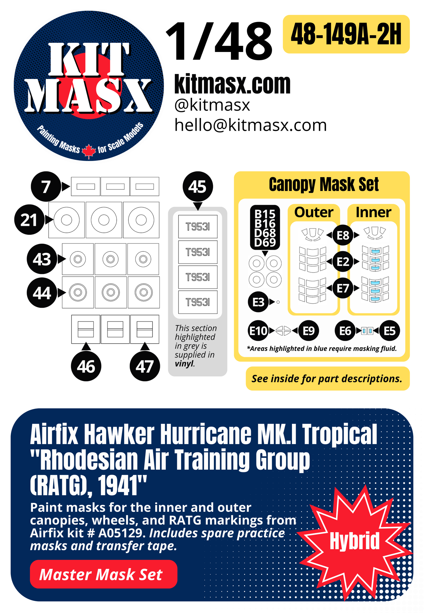 Airfix Hawker Hurricane Mk.I Tropical "Rhodesian Air Training Group (RATG), 1941" 1/48 Master Mask Set, Kit # A05129