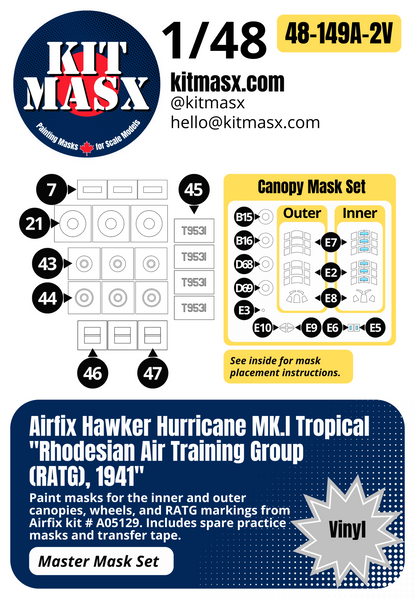 Airfix Hawker Hurricane Mk.I Tropical "Rhodesian Air Training Group (RATG), 1941" 1/48 Master Mask Set, Kit # A05129