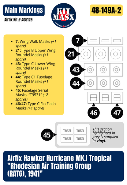 Airfix Hawker Hurricane Mk.I Tropical "Rhodesian Air Training Group (RATG), 1941" 1/48 Master Mask Set, Kit # A05129