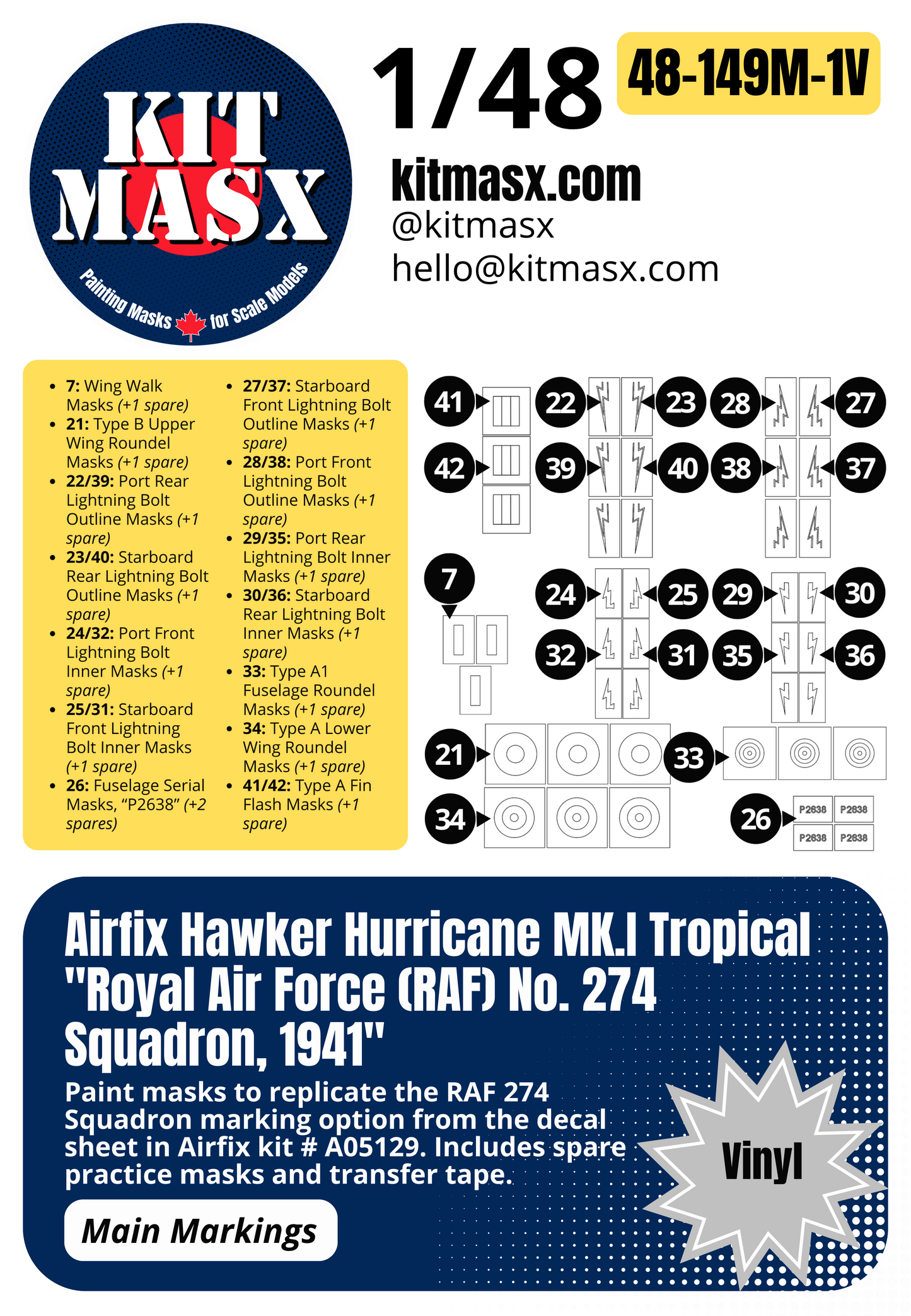 Airfix Hawker Hurricane Mk.I Tropical "Royal Air Force (RAF) No. 274 Squadron, 1941" 1/48 Main Marking Paint Masks, Kit # A05129